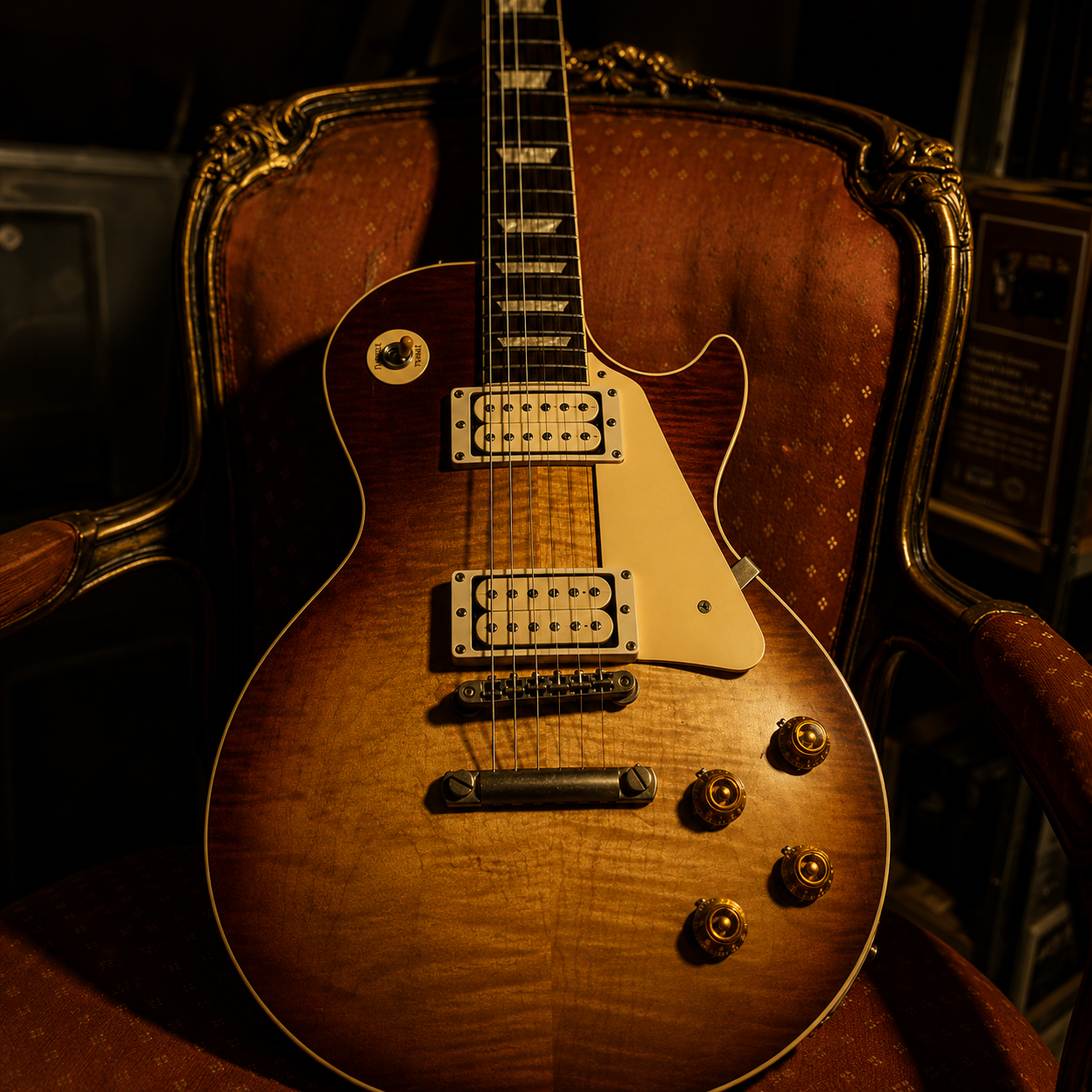 A guitar resting in the workshop under warm, low light